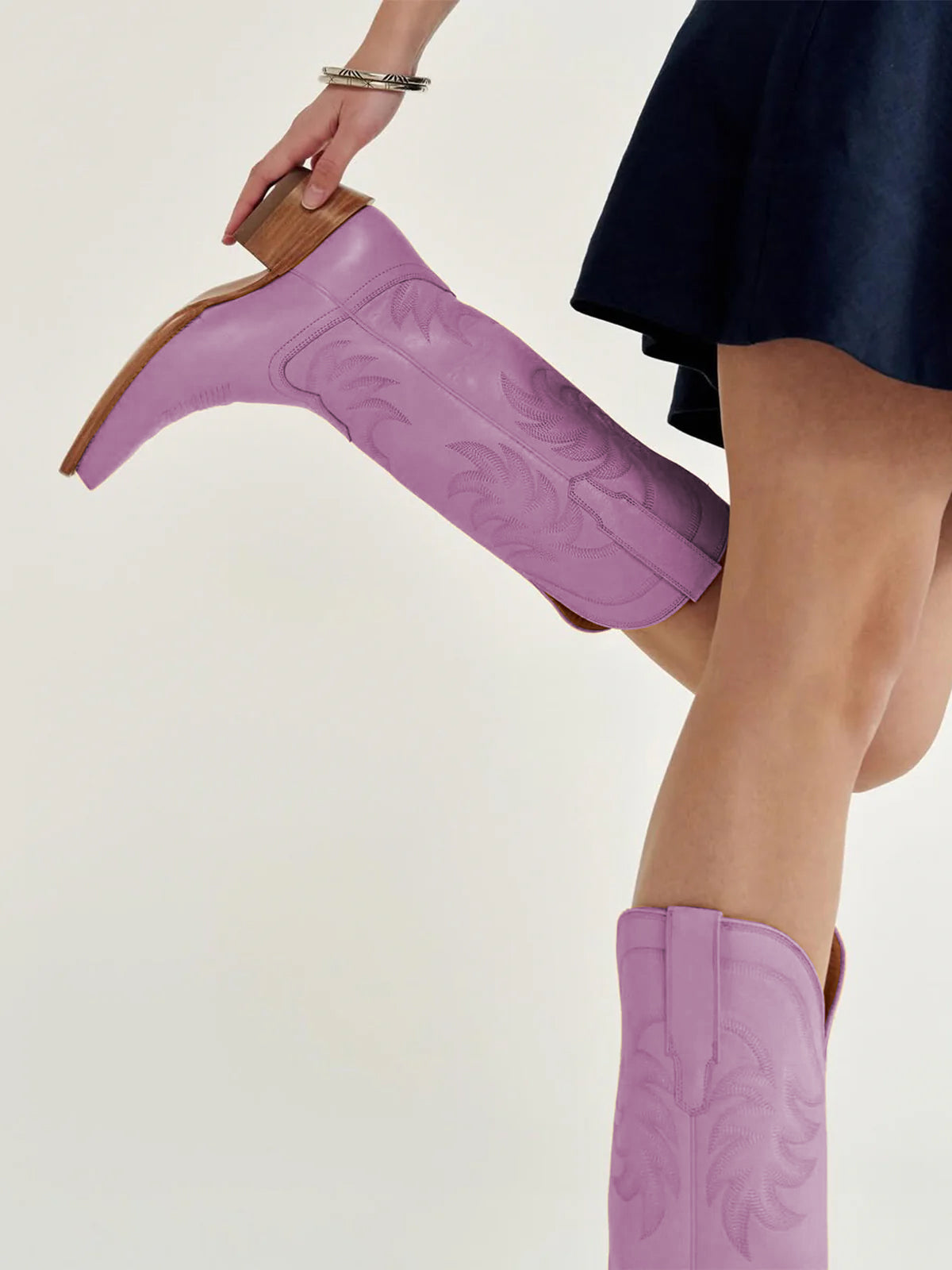 Purple Snip-Toe Embroidery Wide Calf Knee High Cowgirl Boots