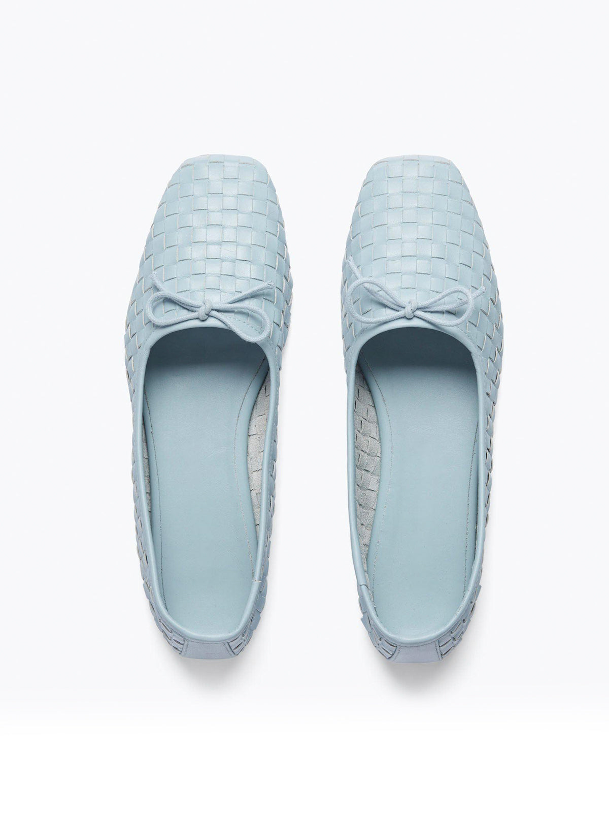 Vegan Leather Woven Square-Toe Bow Ballet Flats - Sky Blue