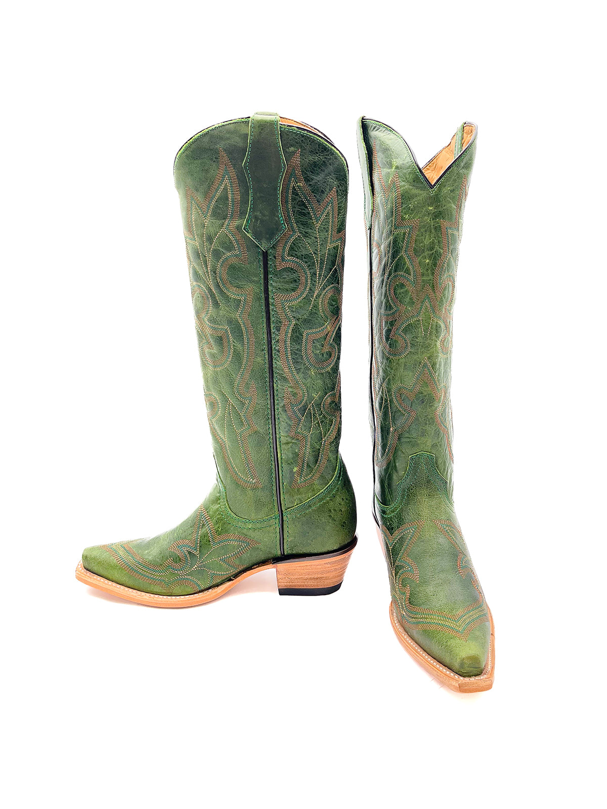 Distressed Green Snip-Toe Classic Embroidery Wide Calf Knee High Cowgirl Boots
