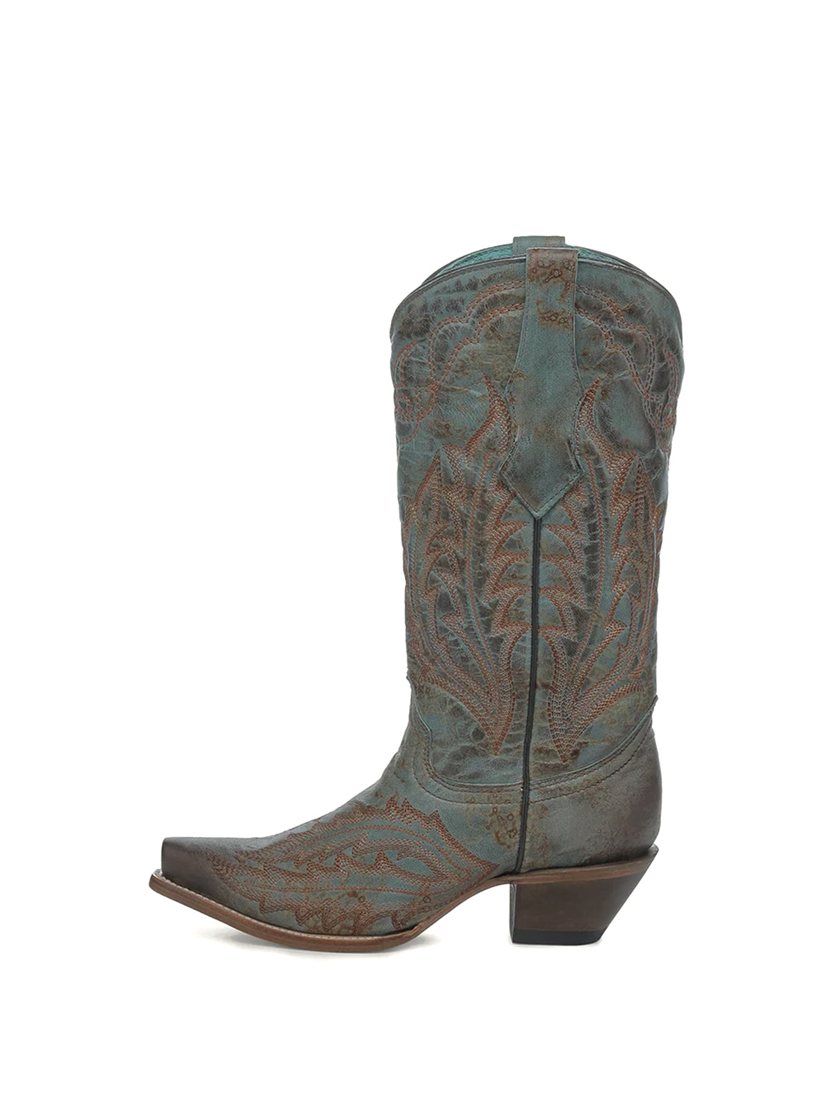 Distressed Turquoise Snip-Toe Classic Embroidery Mid Calf Cowgirl Boots