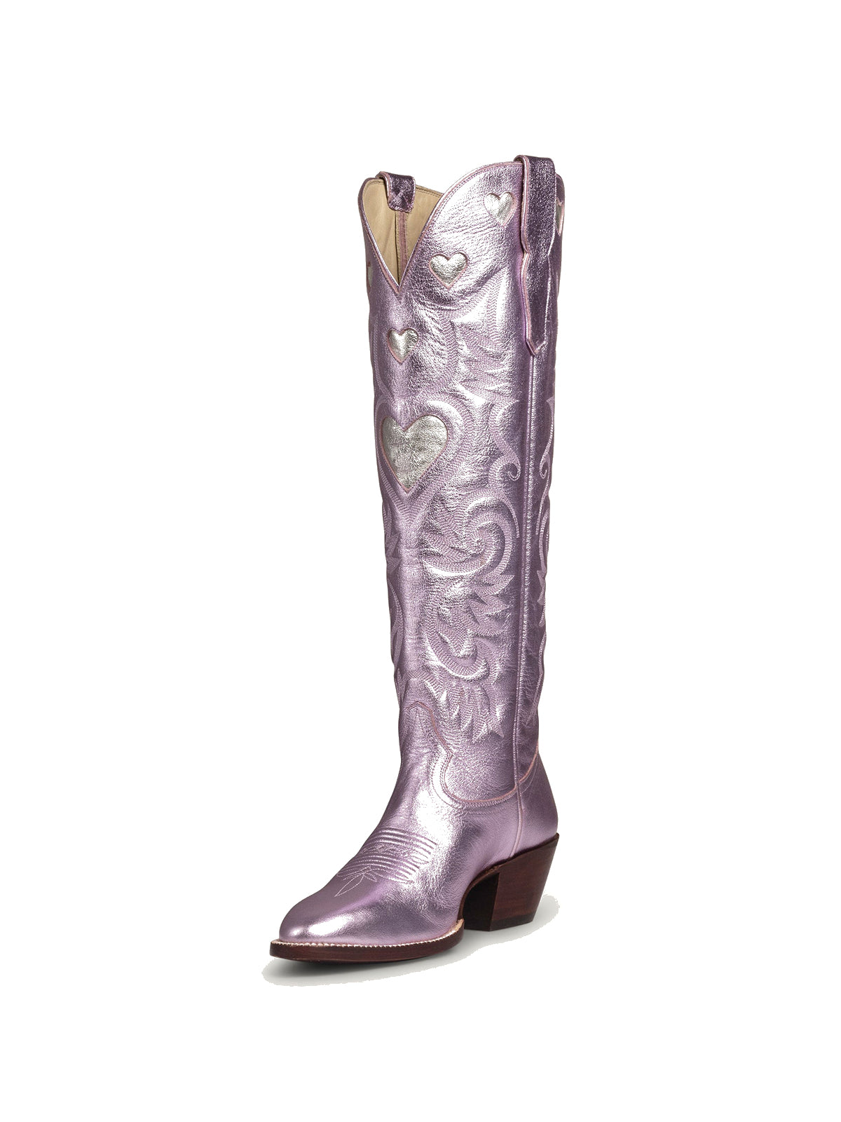 Metallic Pink Round-Toe Chic Hearts Inlay Wide Calf Knee High Cowgirl Boots