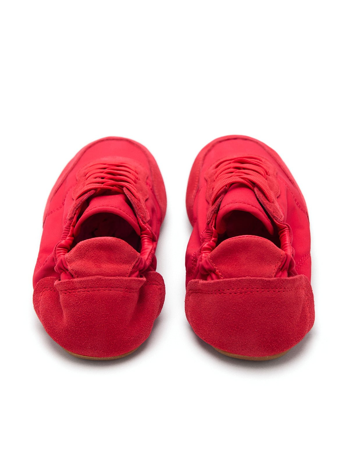 Red Contrast Faux Suede And Cloth Round-Toe Lace-Up Elastic Back Sneakers Flats