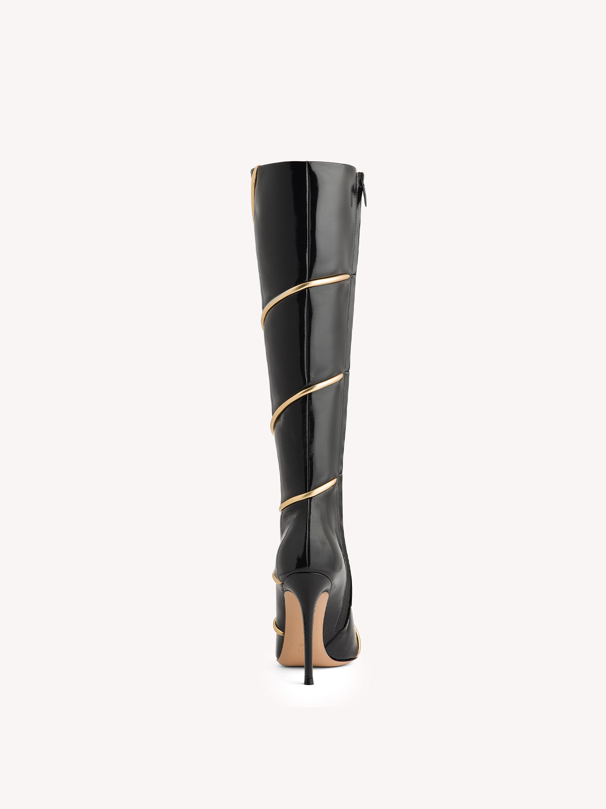Patent Black Pointed-Toe Full-Zip Knee High Stiletto Boots With Metallic Gold Piping Spiral