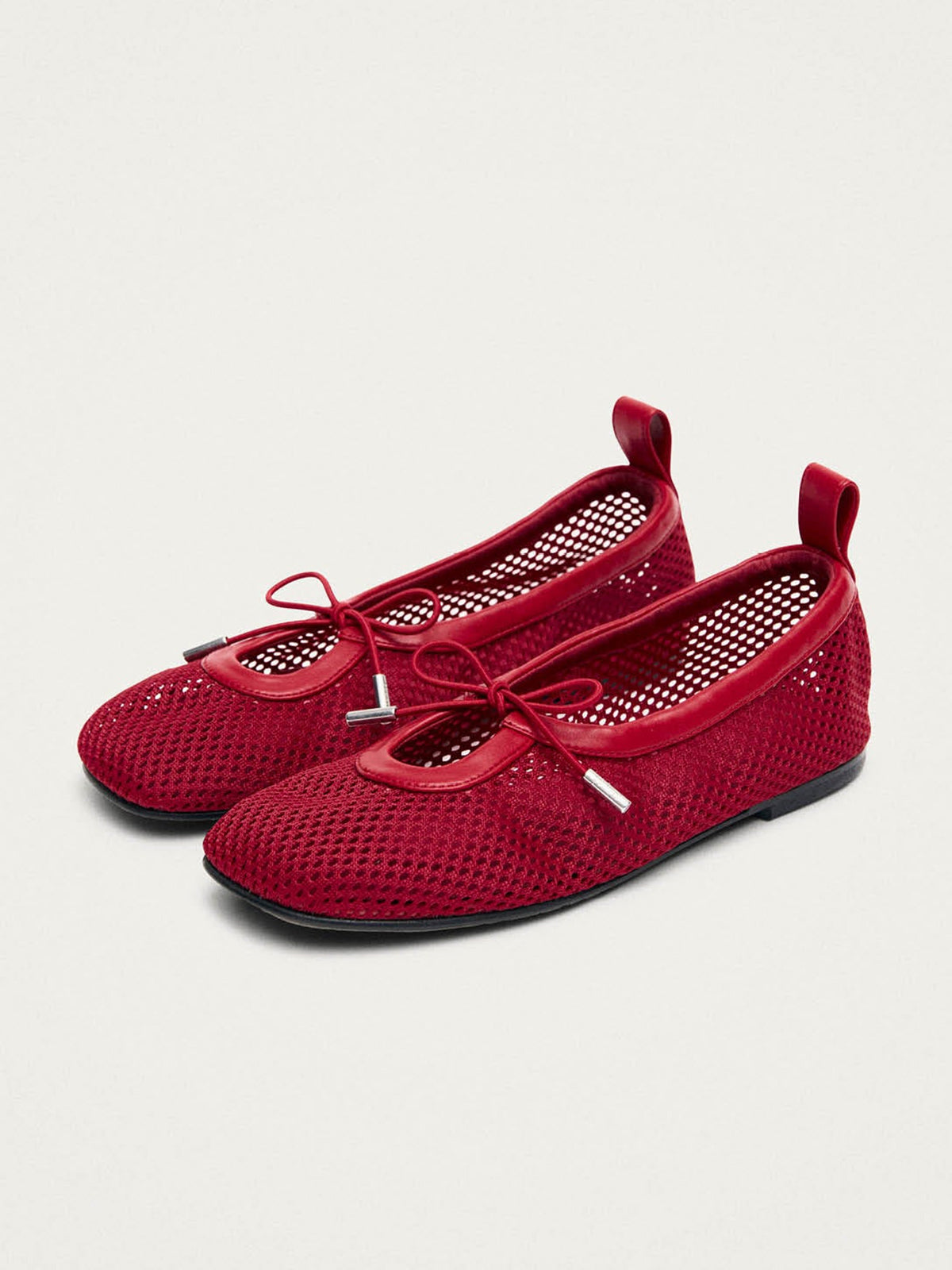 Red Mesh And Vegan Leather Square-Toe Middle Bow Ballet Flats