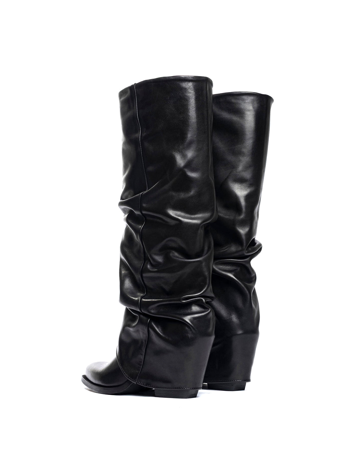Black Snip-Toe Fold-Over Wide Calf Tall Knee High Cowgirl Boots