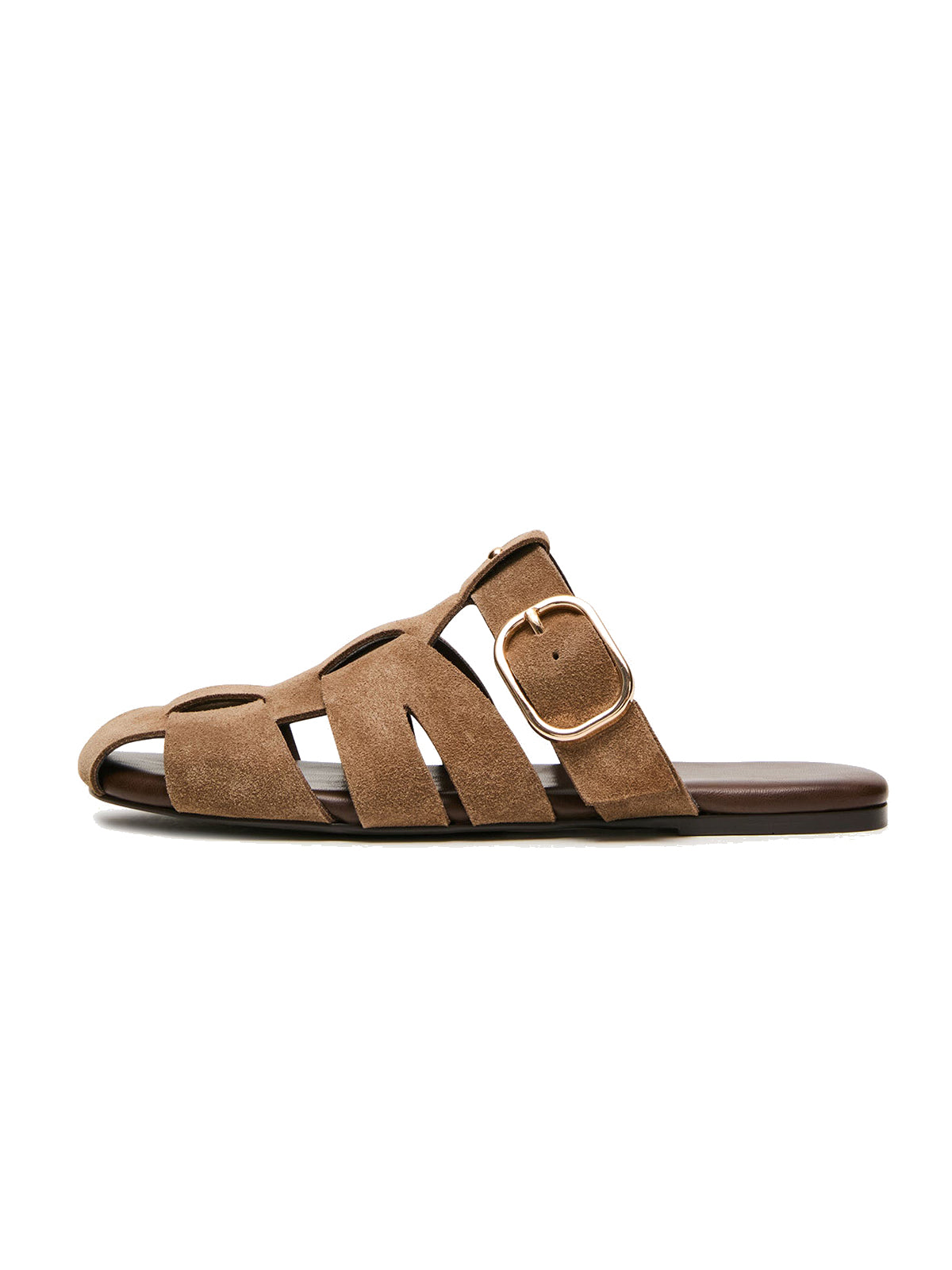 Taupe Faux Suede Round-Toe Caged Design Mules Flats