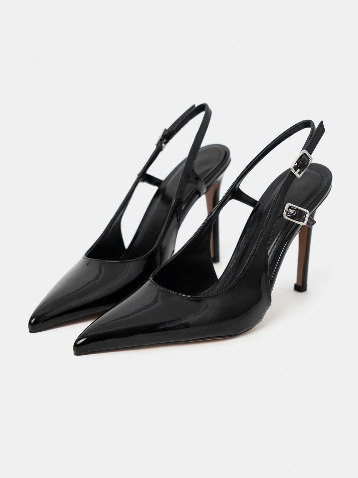 Patent Leather Pointed-Toe Buckle Back Strap Chic High Heels - Black