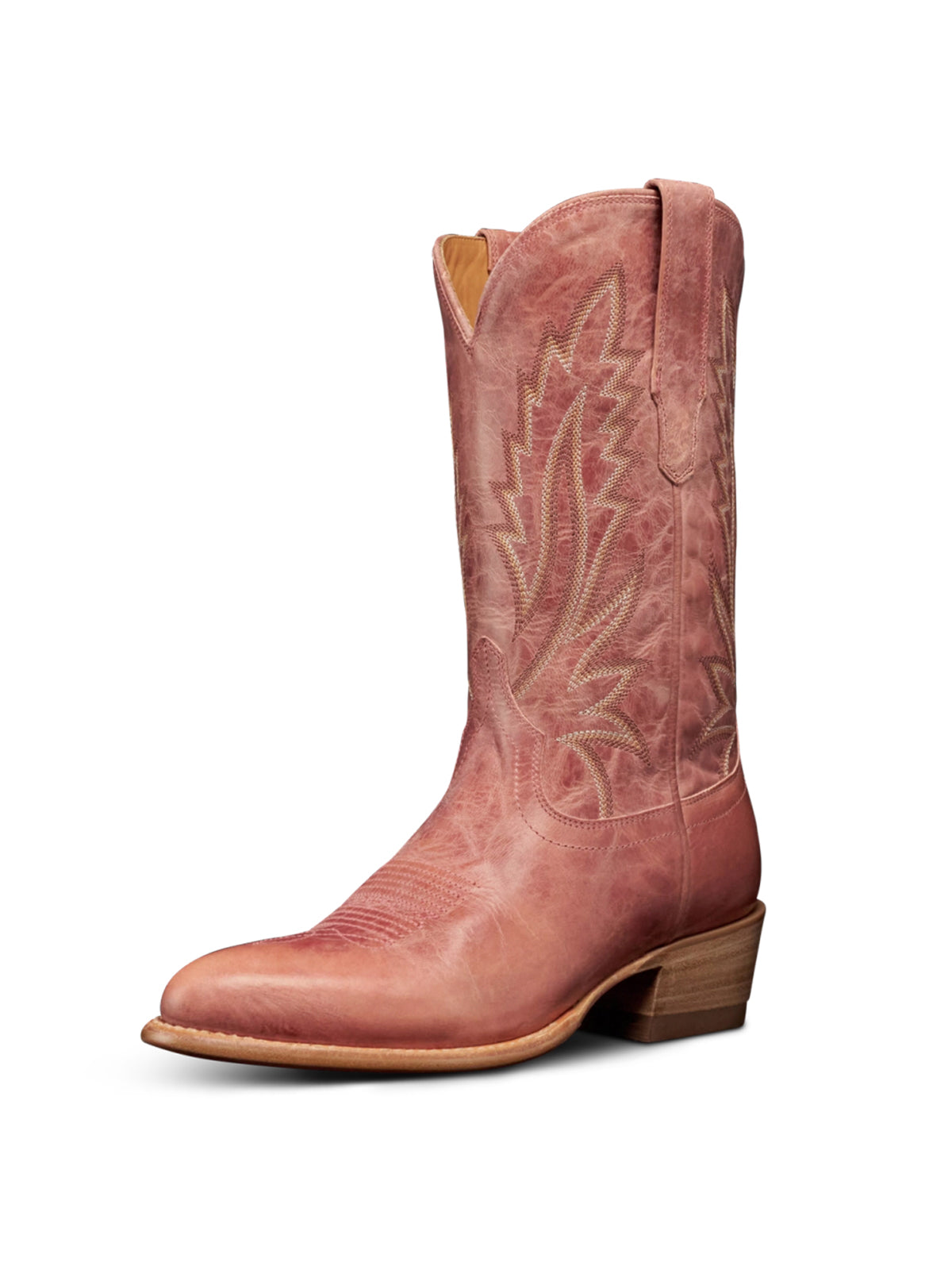 Distressed Pink Almond-Toe Embroidery Mid Calf Cowgirl Boots