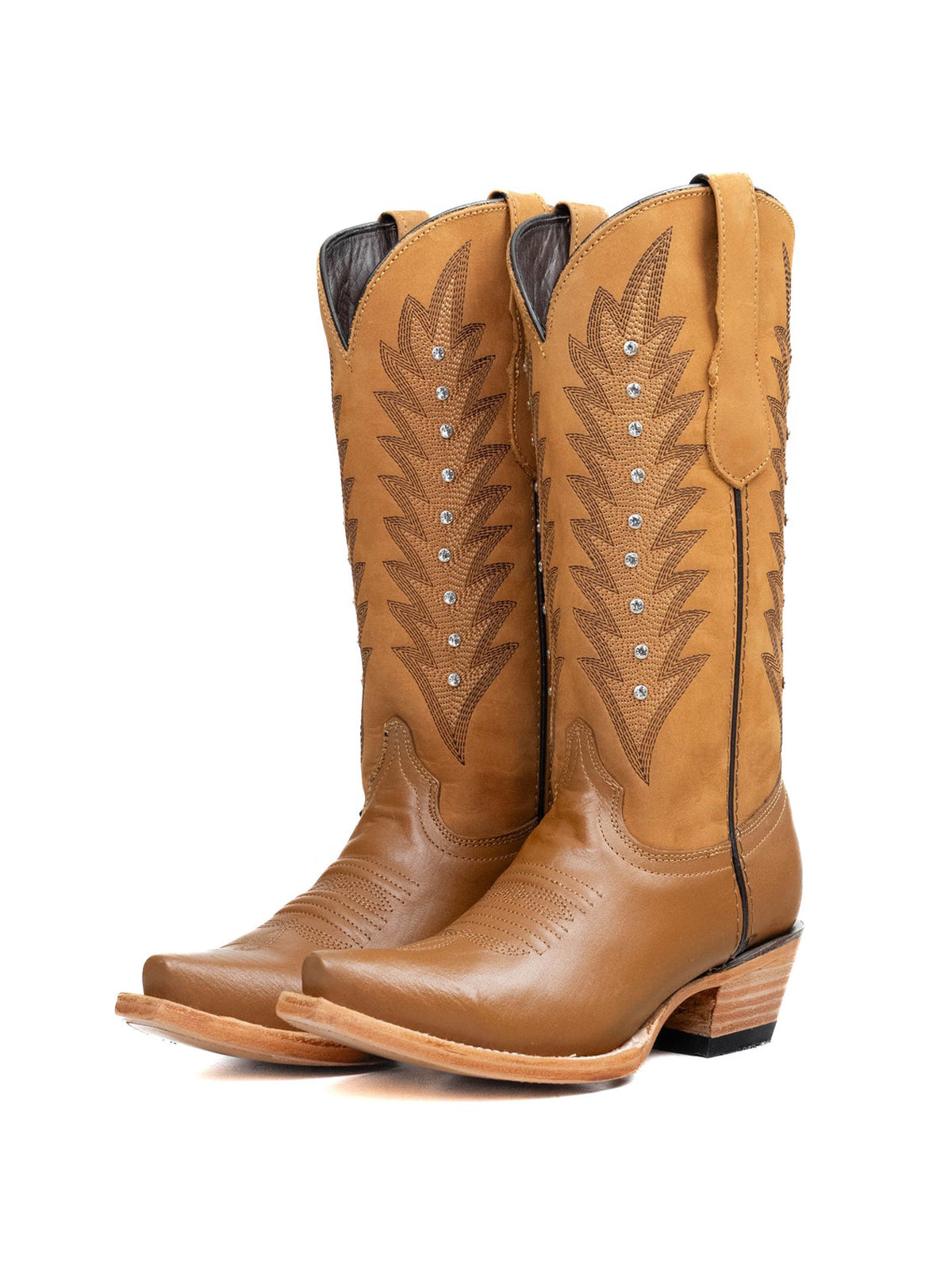 Tan Western Snip-Toe Embroidery And Studs Mid Calf Chic Cowgirl Boots