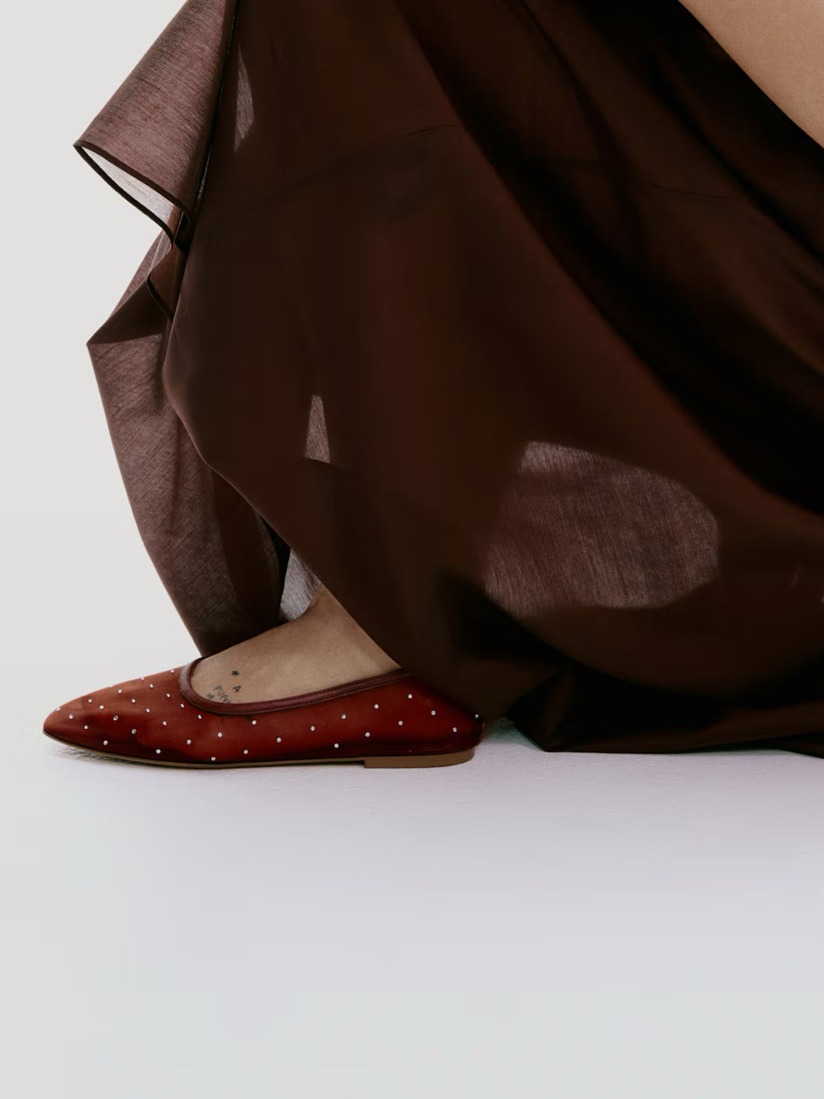 Rhinestone Mesh Square-Toe Ballet Flats - Red