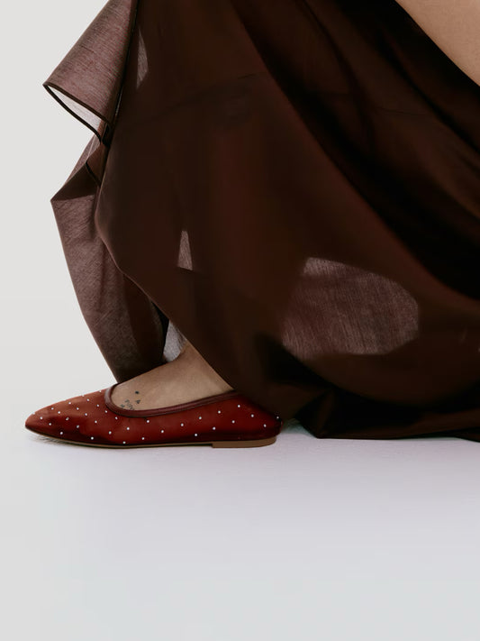 Rhinestone Mesh Square-Toe Ballet Flats - Red