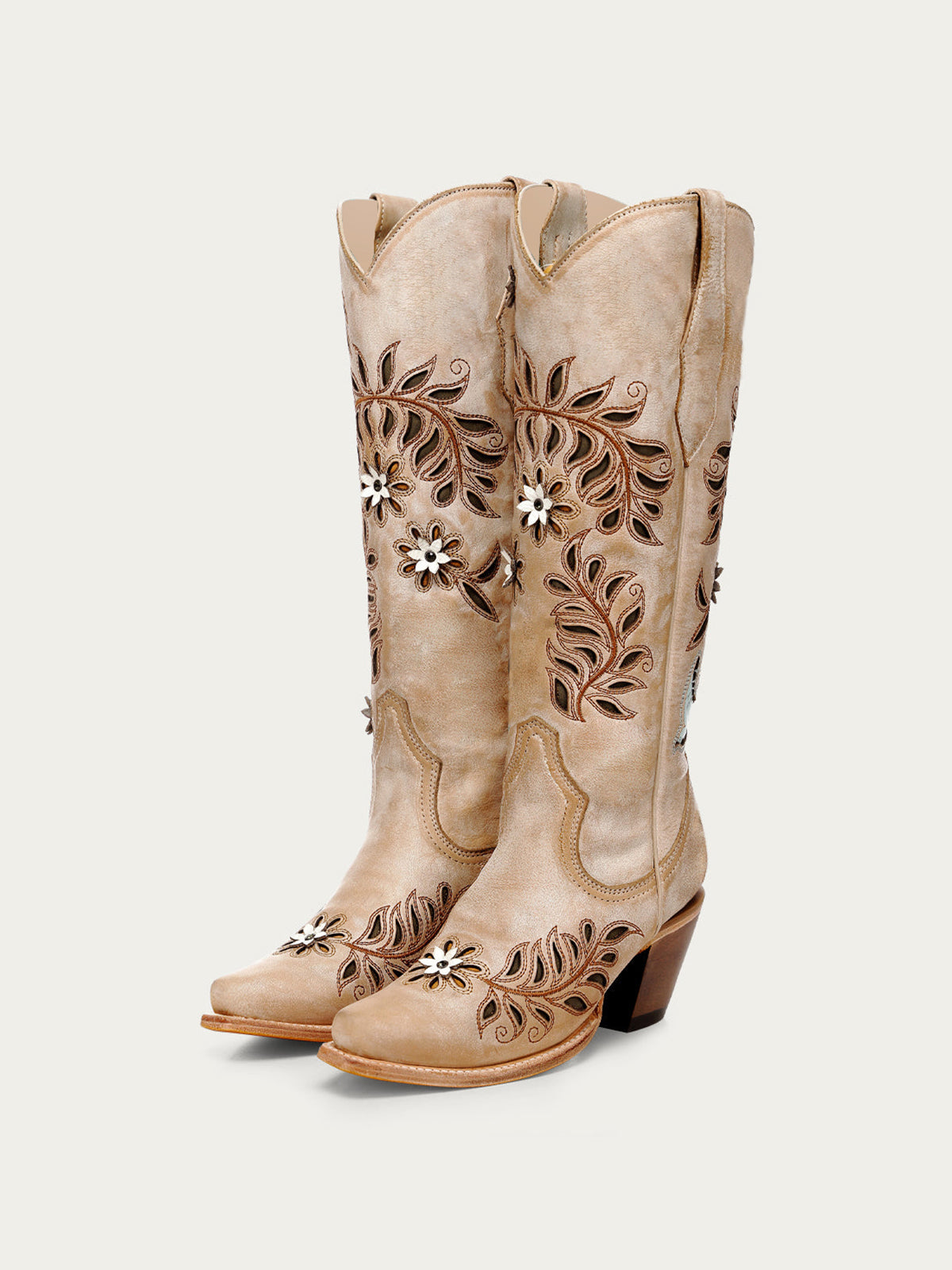 Tan Snip-Toe Leaves Flowers And Bird Inlay Half-Zip Knee High Cowgirl Boots