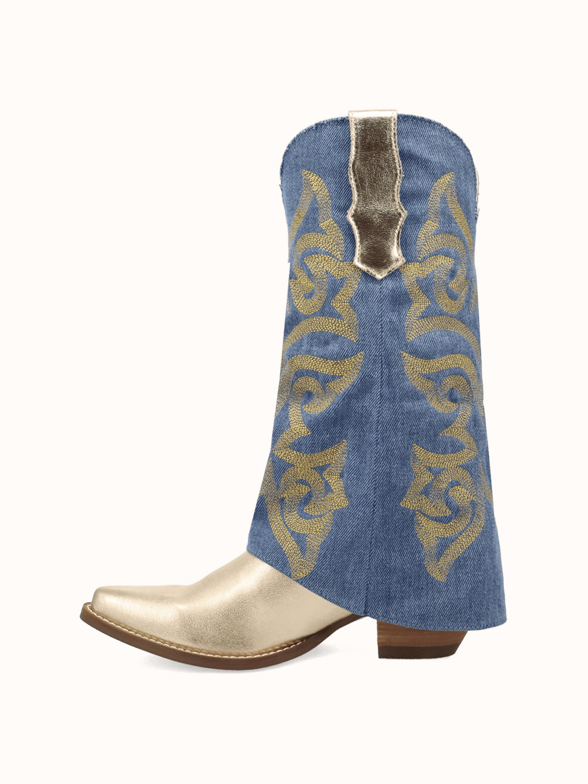 Blue Denim And Gold Snip-Toe Embroidery Fold-Over Wide Calf Knee High Cowgirl Boots