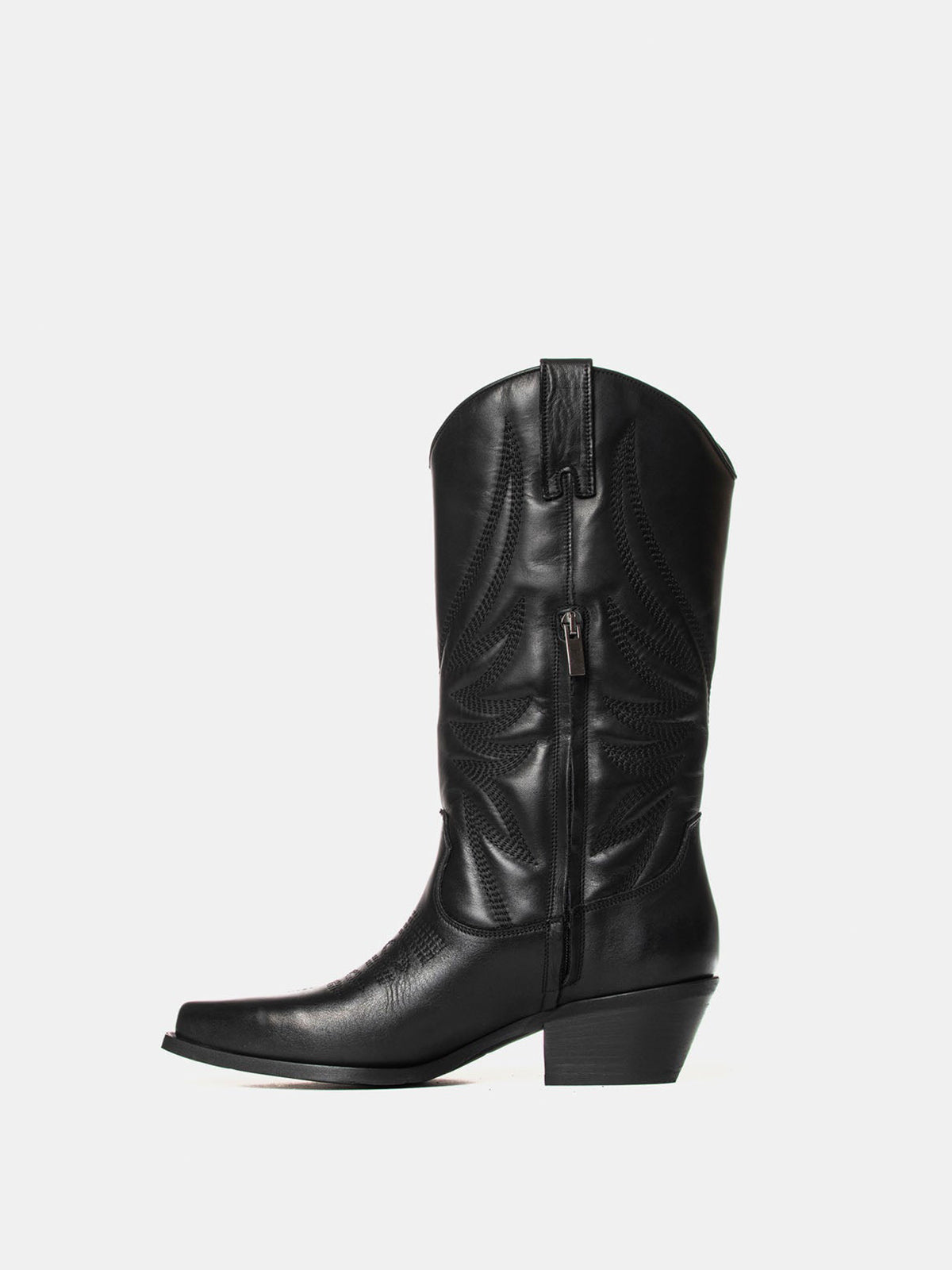 Black Snip-Toe Classic Embroidery Half-Zip Mid Calf Cowgirl Boots For Women