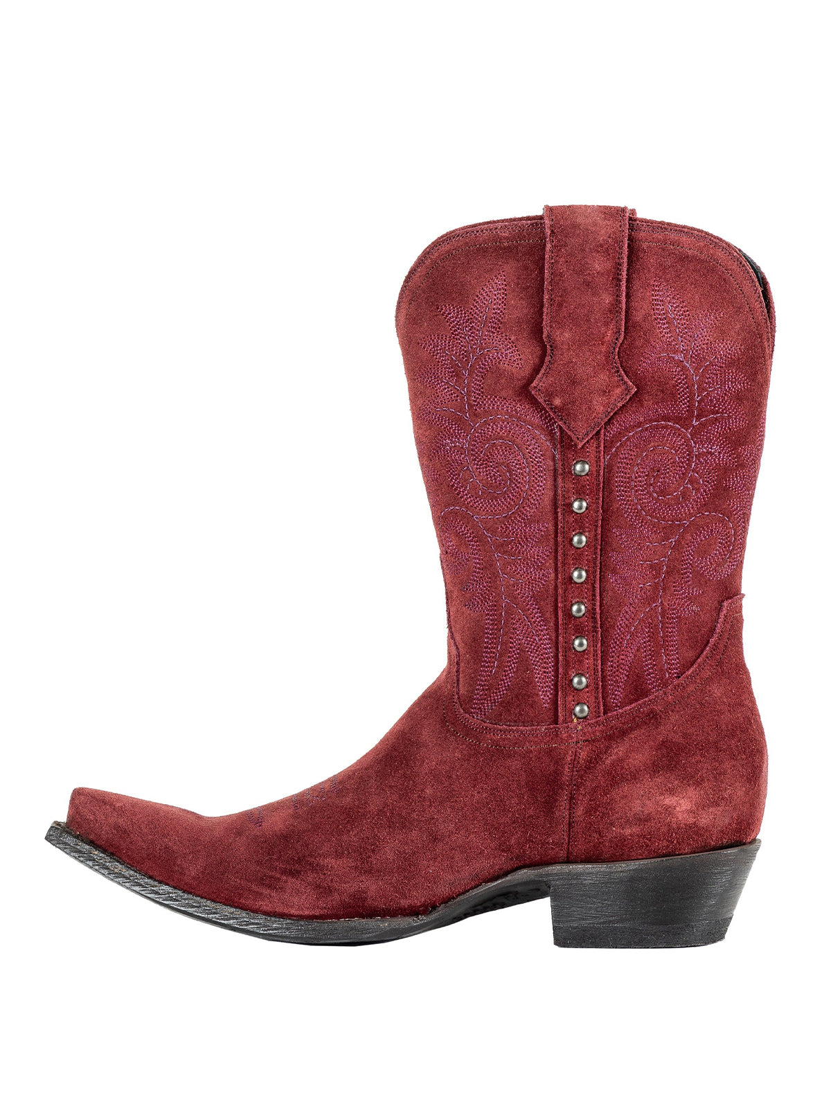 Snip-Toe Chic Embroidery And Side Studs Ankle Cowgirl Boots - Burgundy