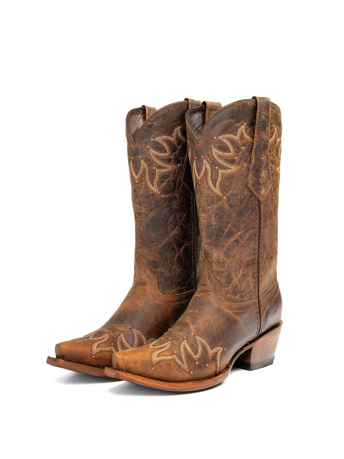 Western Snip-Toe Embroidery And Studs Mid Calf Chic Cowgirl Boots - Dark Tan