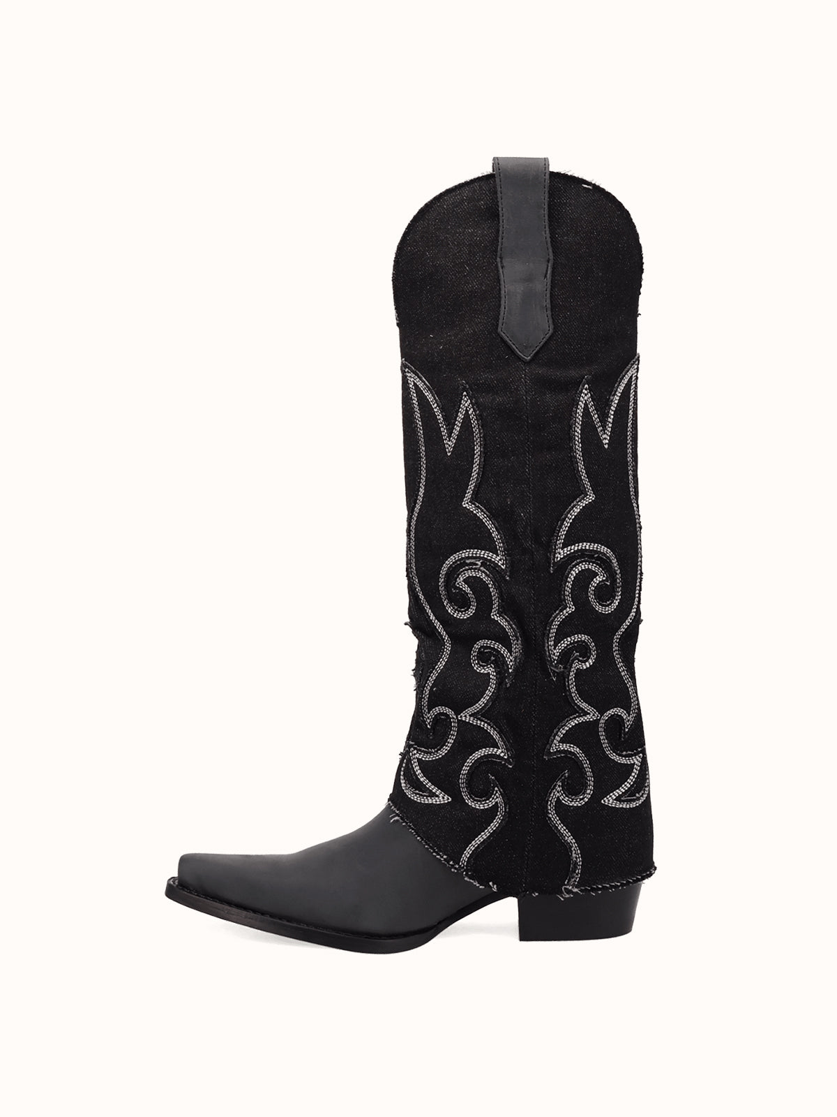Black Denim And Vegan Leather Snip-Toe Embroidery Fold-Over Wide Calf Knee High Cowgirl Boots