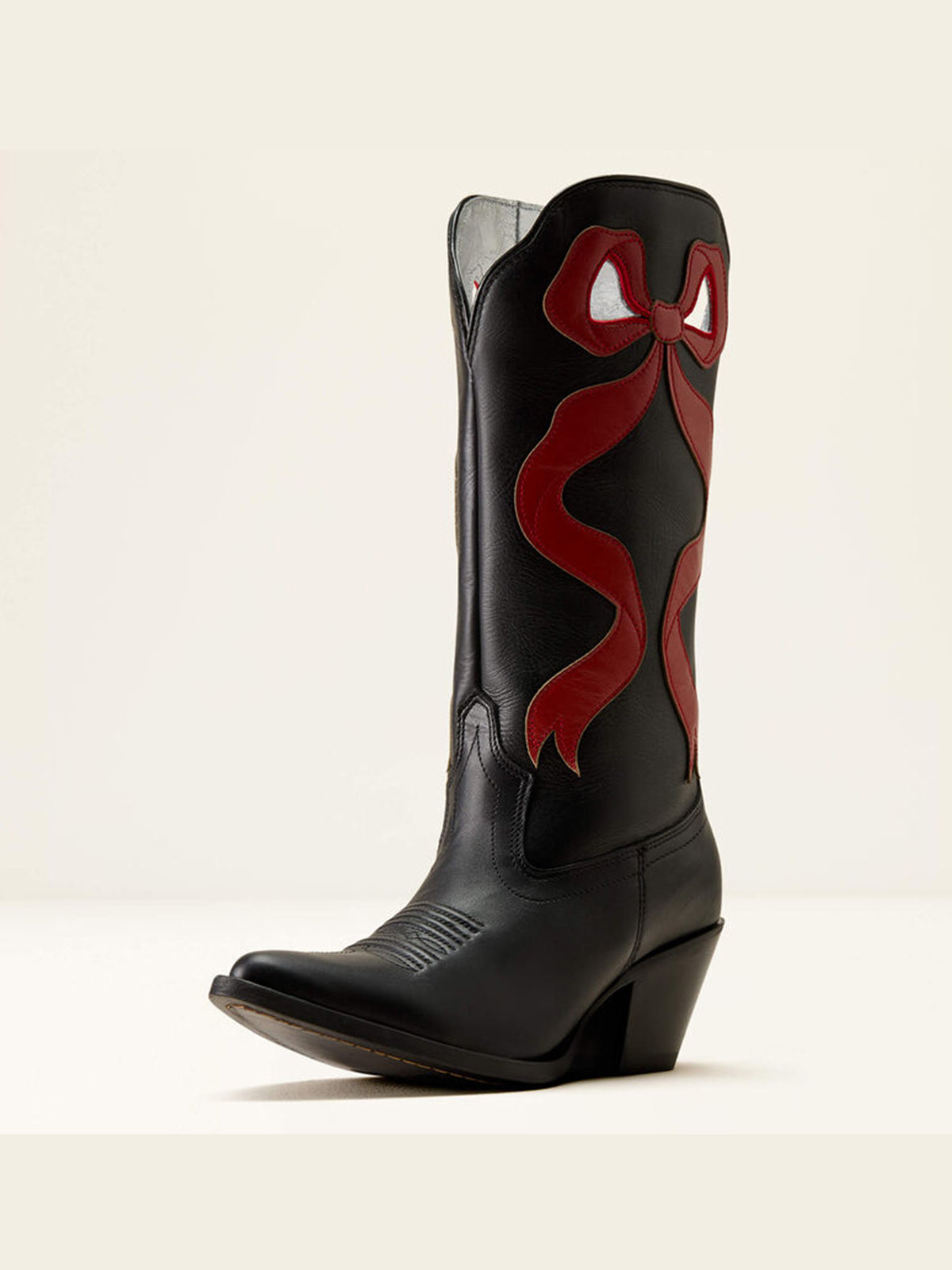 Black Almond-Toe Red Side Big Bow Applique Mid Calf Cowgirl Boots