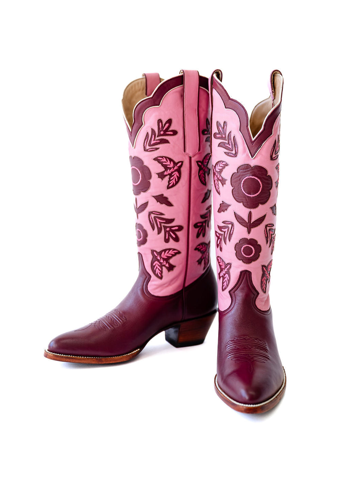Pink And Maroon Round-Toe Birds Leaves Flowers Inlay Wide Calf Knee High Cowgirl Boots