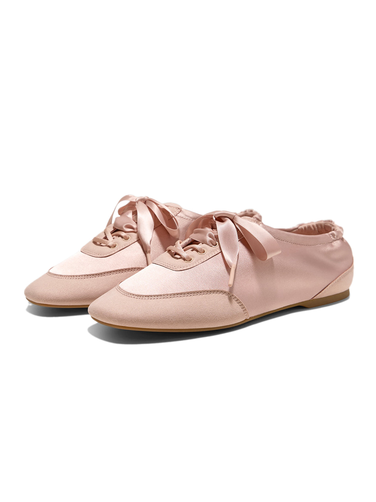 Peach Satin And Faux Suede Square-Toe Floral Embroidery Lace-Up Flats