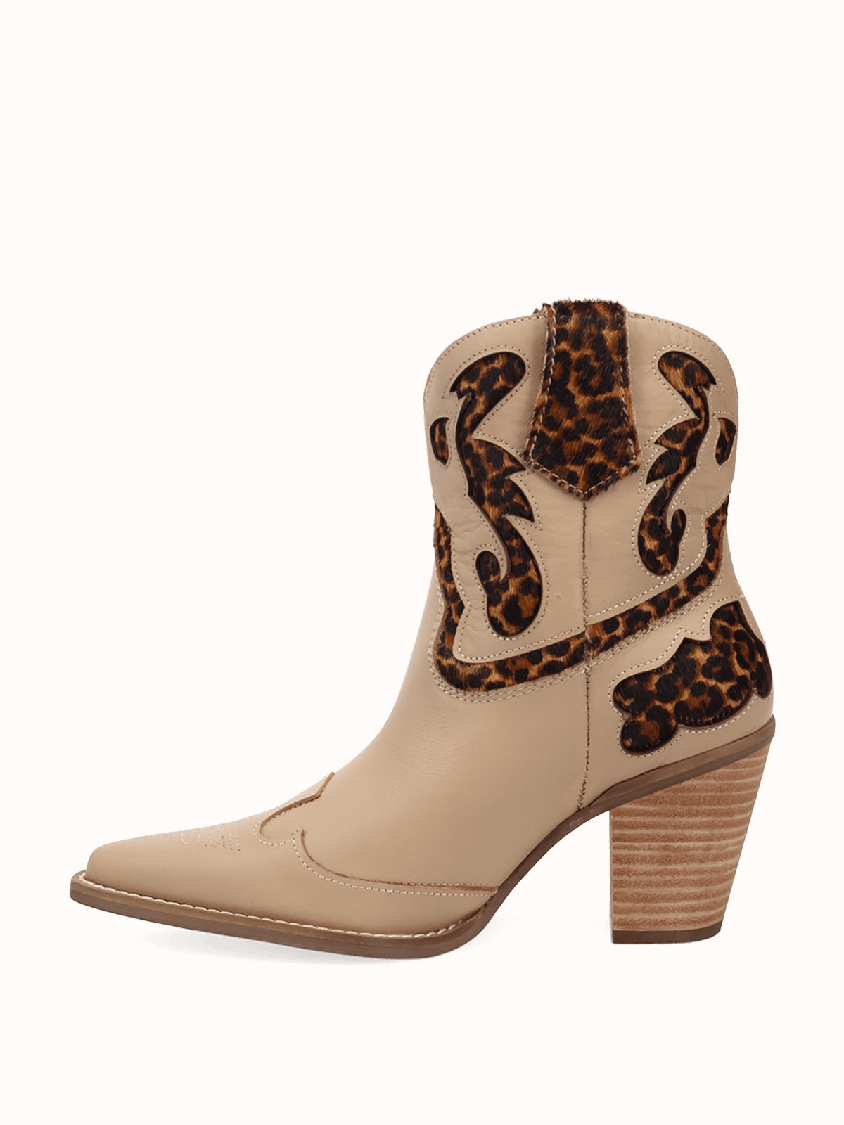 Beige And Leopard Pattern Snip-Toe Sleek Ankle Cowgirl Boots