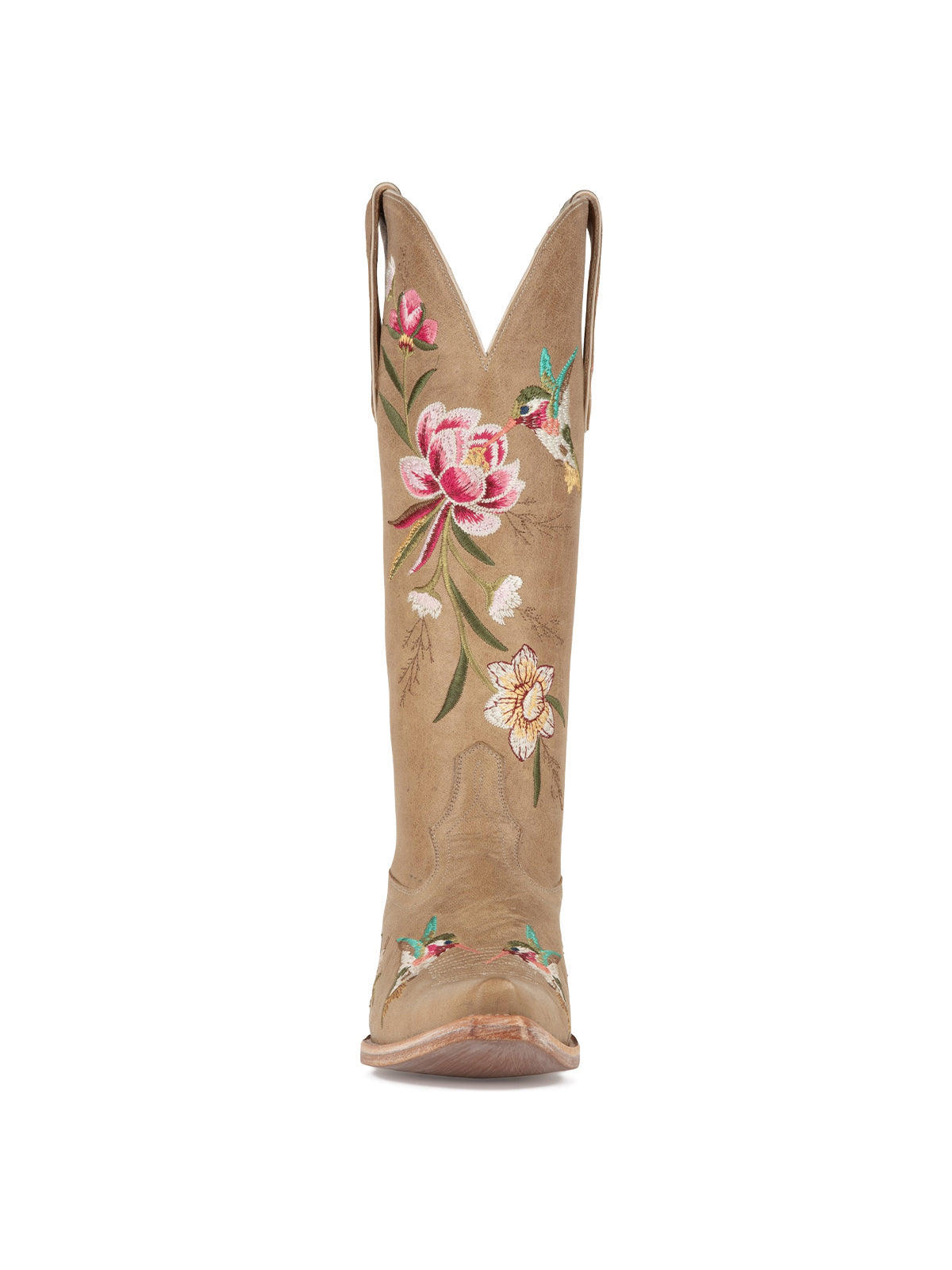 Taupe Snip-Toe Vivid Flowers And Bird Embroidery Wide Calf Knee High Cowgirl Boots