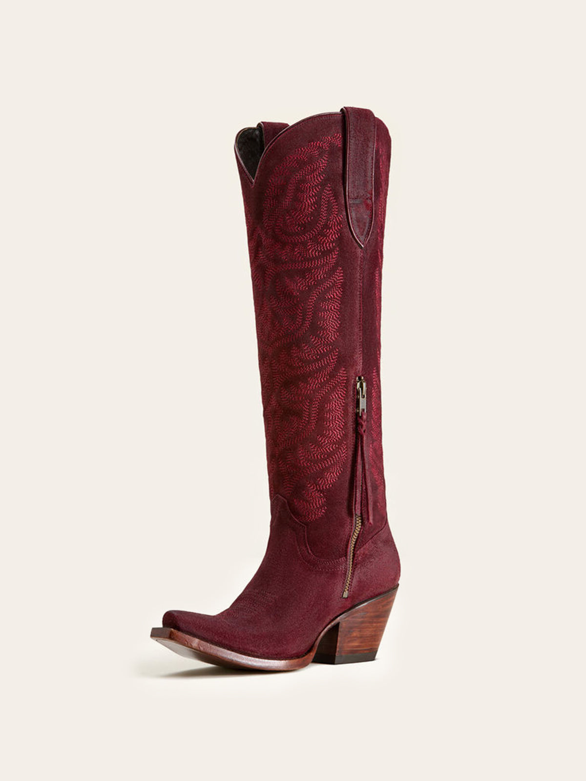 Embroidery Half-Zip Tall Knee High Faux Suede Snip-Toe Cowgirl Boots - Burgundy