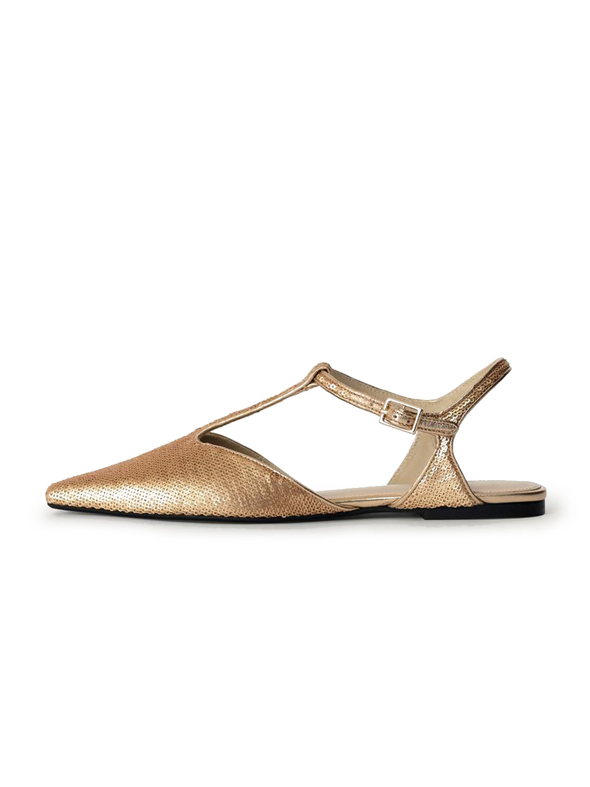 Metallic Gold Pointed-Toe Full Sequins And Ankle Strap Flats