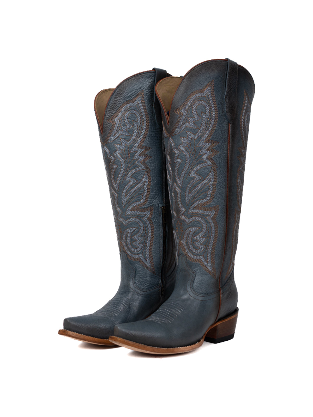Snip-Toe Embroidery Half-Zip Tall Knee High Cowgirl Boots For Woman - Black