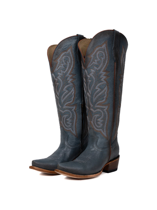 Snip-Toe Embroidery Half-Zip Tall Knee High Cowgirl Boots For Woman - Black