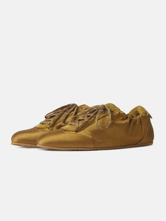 Olive Green Satin And Cow Suede Lace-Up Chic Flats Sneakers