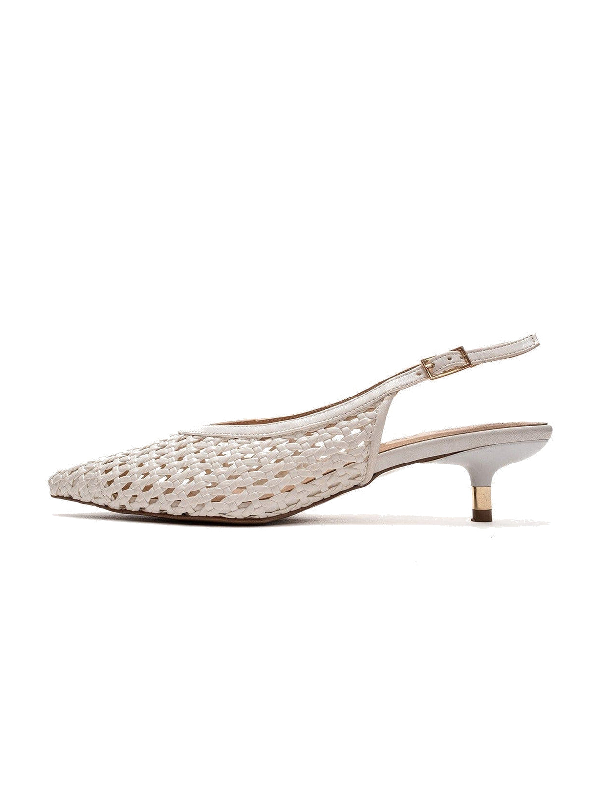 White Woven Vegan Leather Pointed-Toe Classic Back Strap Pumps Kitten Heels