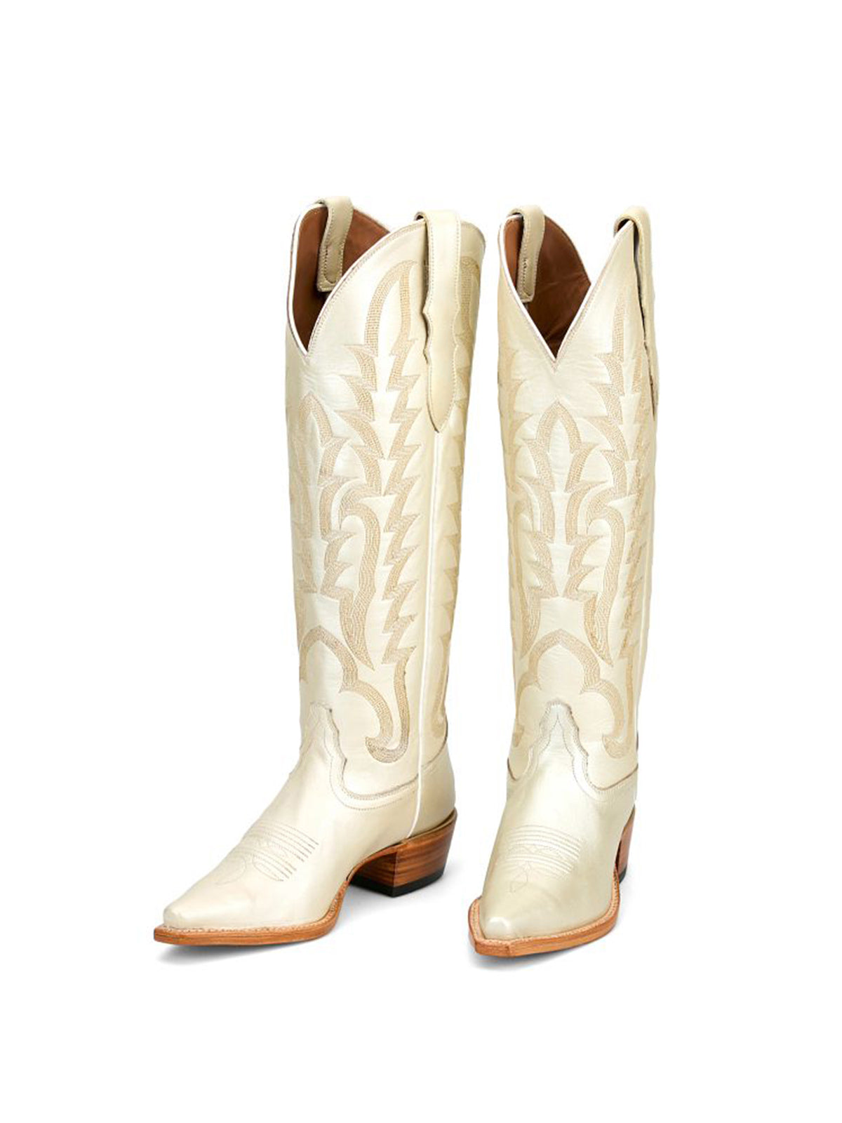 Metallic White Snip-Toe Single Row Stitch Knee High Cowgirl Boots