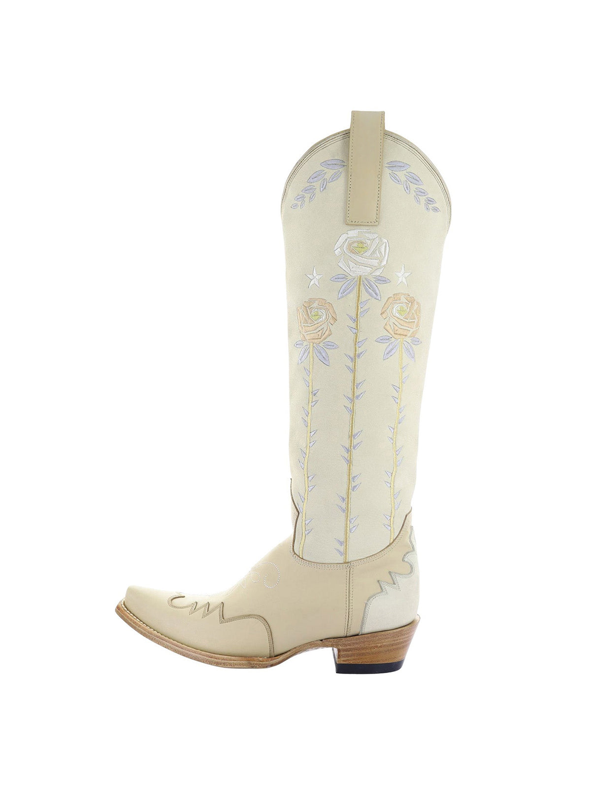 Beige Snip-Toe Colorful Roses Embroidery Full-Zip Knee High Cowgirl Boots