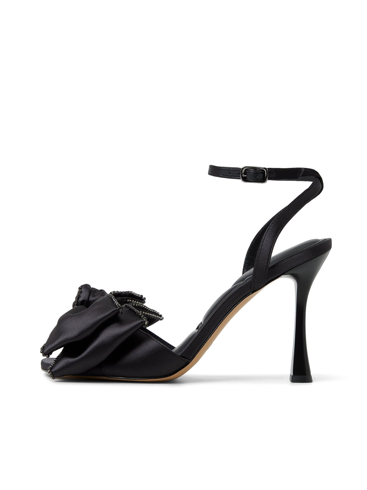 Black Satin Square-Toe Front Bow Slingback Ankle Strap High Heels