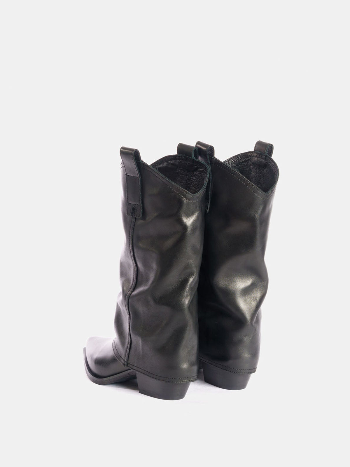 Black Snip-Toe Mid Calf Fold-Over Cowgirl Boots