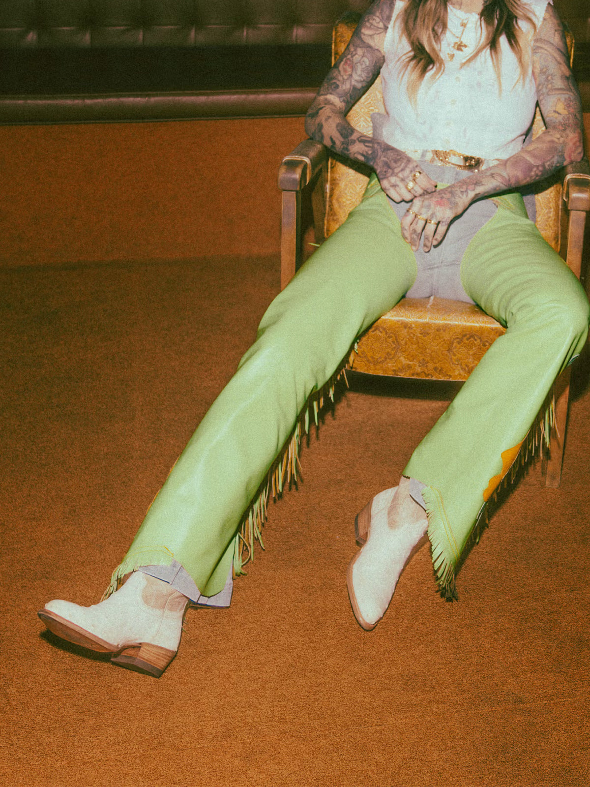 Contrast Sand And White Ostrich Print Almond-Toe Embroidery Mid Calf Cowgirl Boots