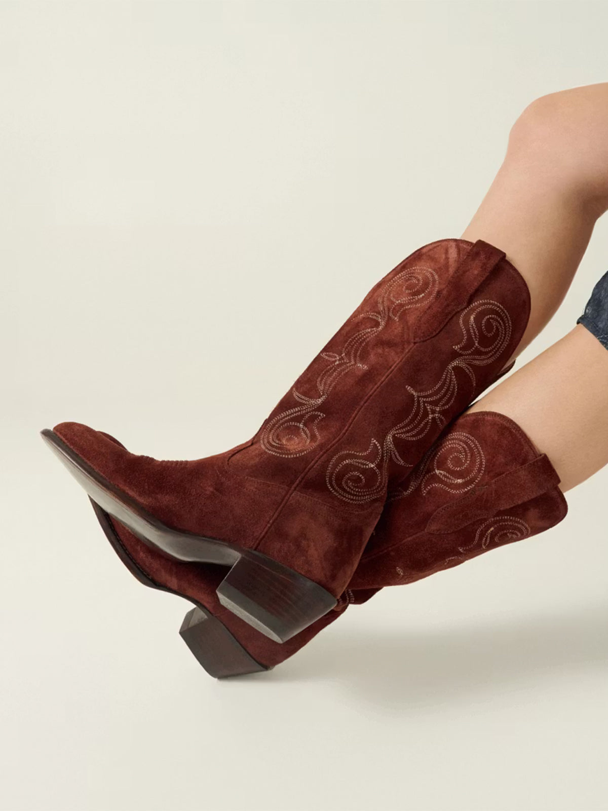Brick Faux Suede Round-Toe Knee High Wide Calf Embroidery Cowgirl Boots