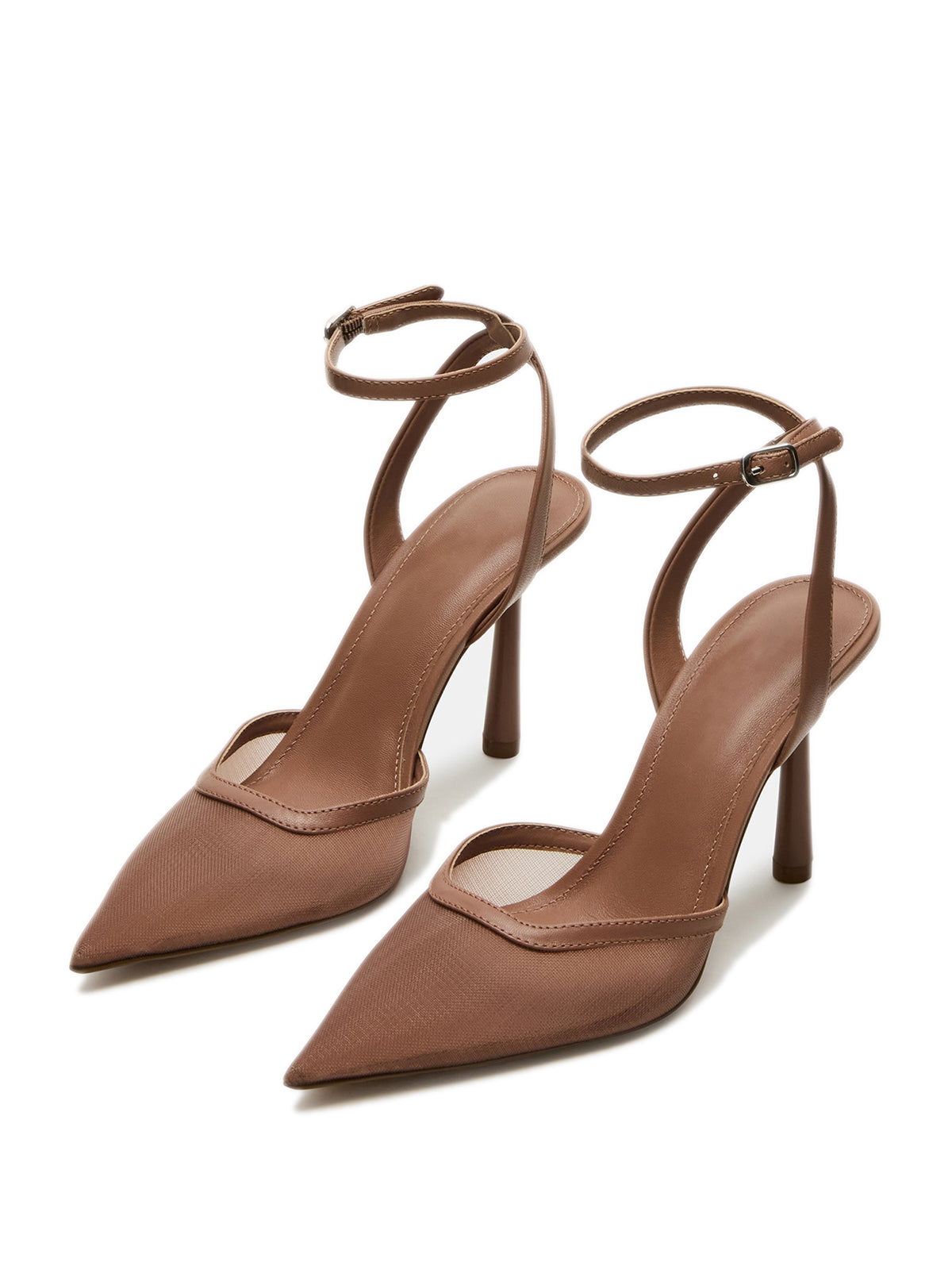 Mesh Pointed-Toe Ankle Strap Pumps High Heels - Mocha