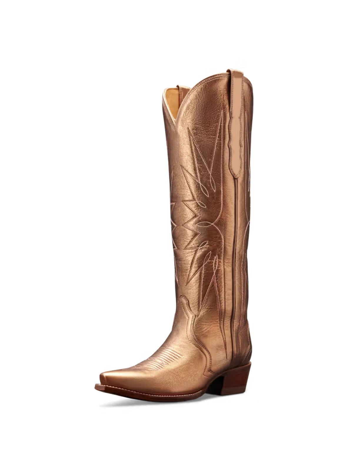 Metallic Copper Snip-Toe Embroidery Wide Calf Knee High Cowgirl Boots