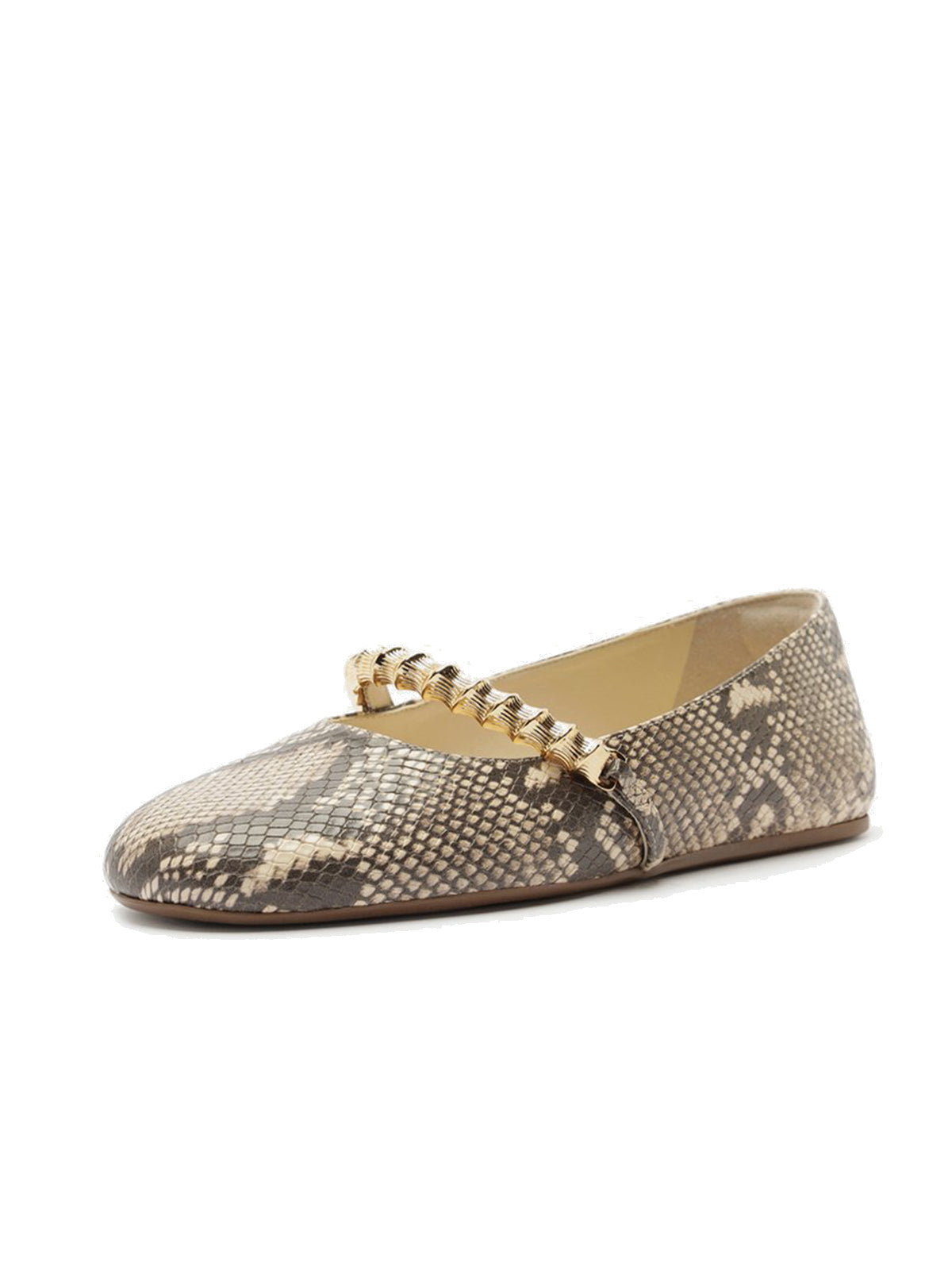 Snakeskin Print Round-Toe Metal Bridge Strap Chic Flats