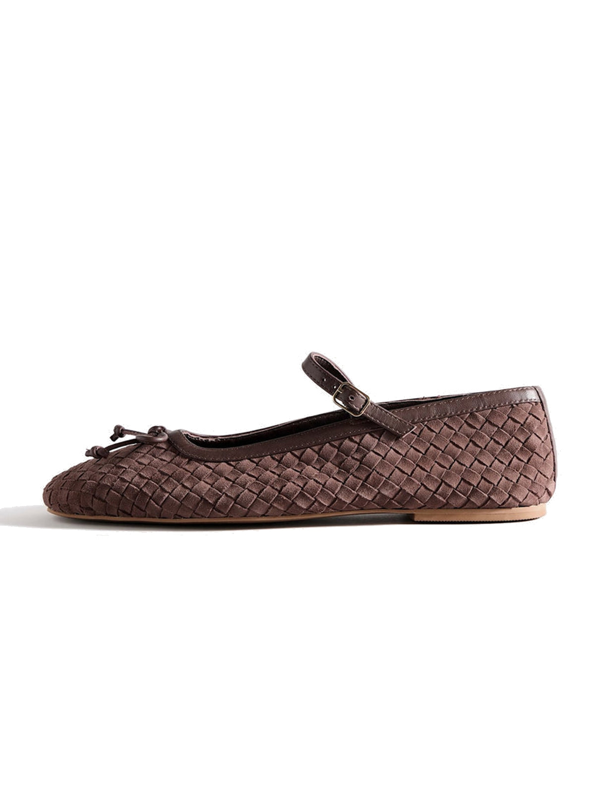 Brown Woven Faux Suede Square-Toe Front Bow And Mary Jane Flats