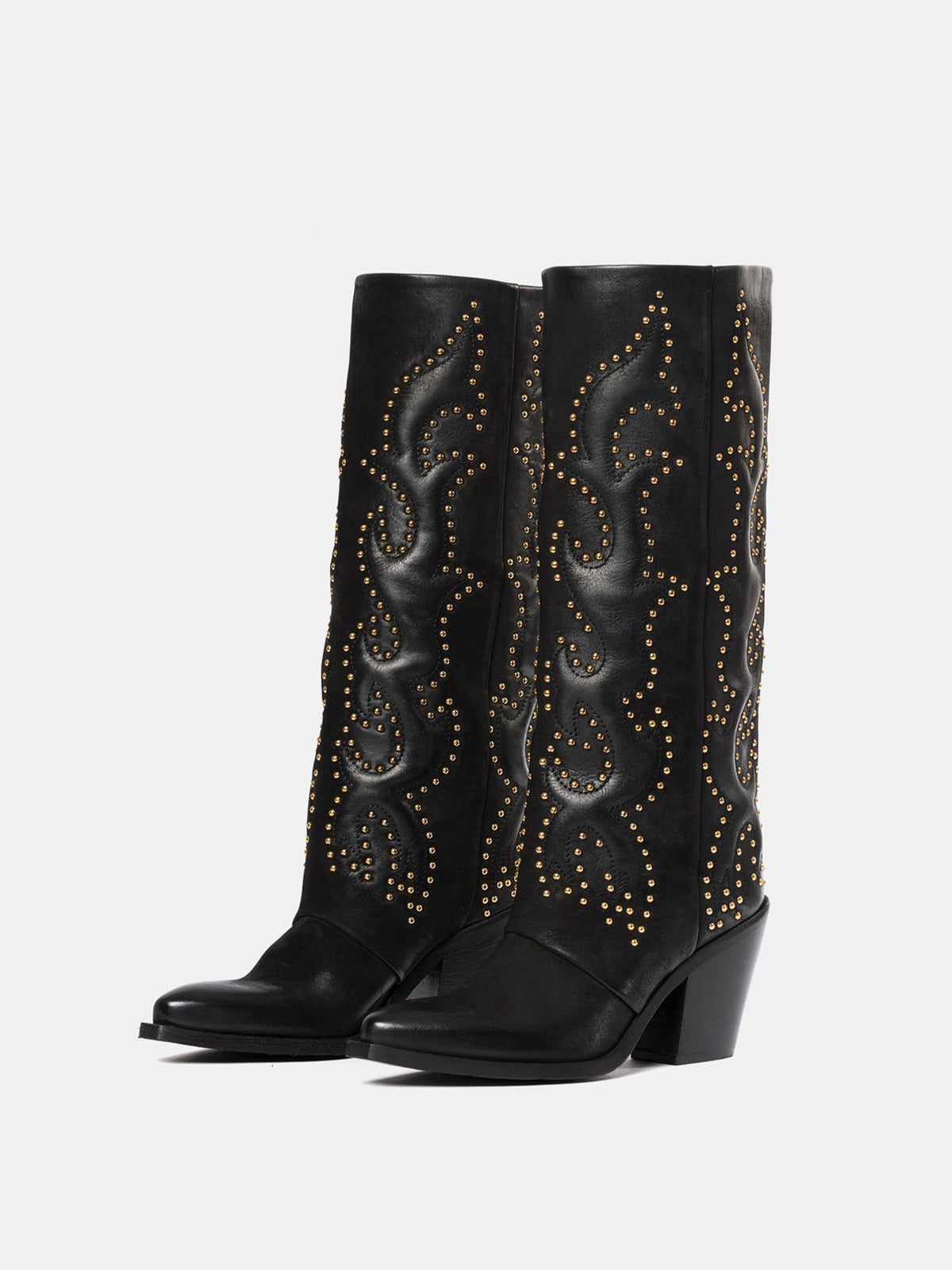 Black Snip-Toe Embroidery Gold Studs Wide Calf Knee High Cowgirl Boots