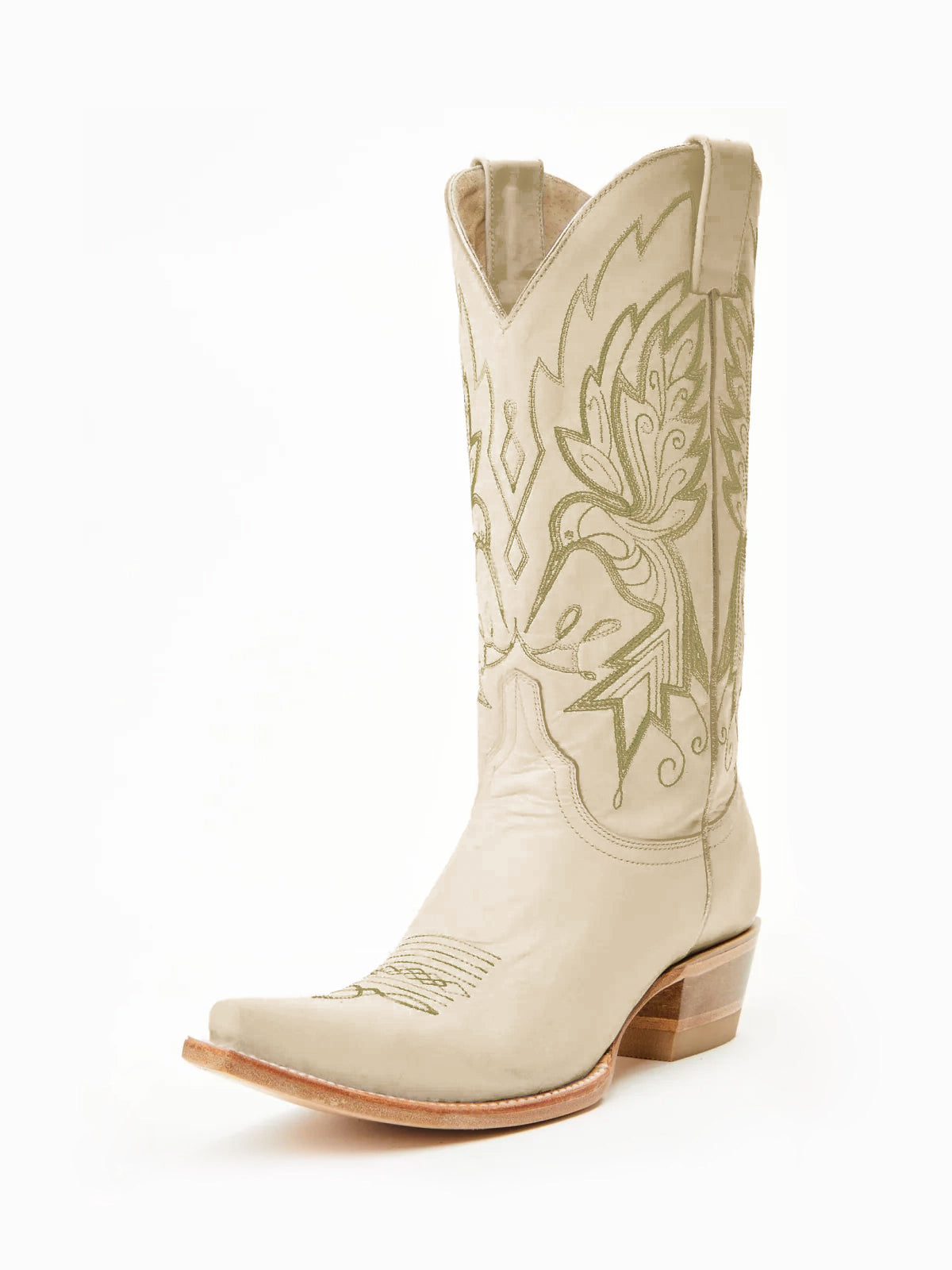 Beige Snip-Toe Vivid Bird Embroidery Mid Calf Cowgirl Boots