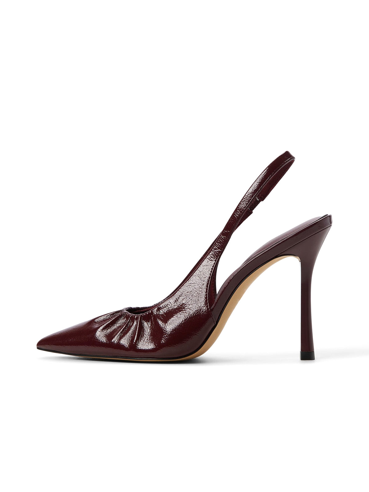 Patent Burgundy Pointed-Toe Ruched Vamp Slingback High Heels