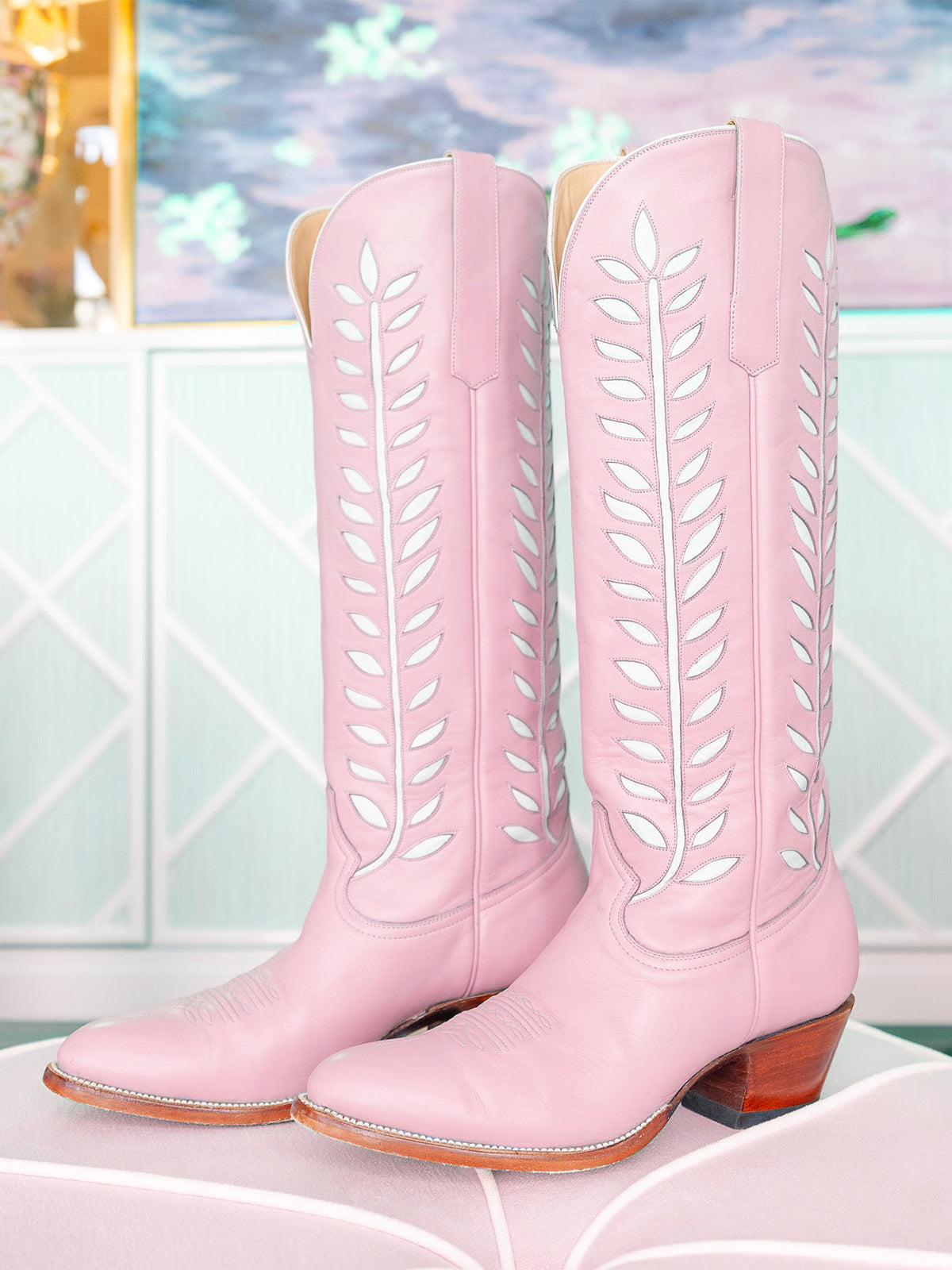 Almond-Toe White Leaves Inlay Wide Calf Tall Knee High Cowgirl Boots - Pink