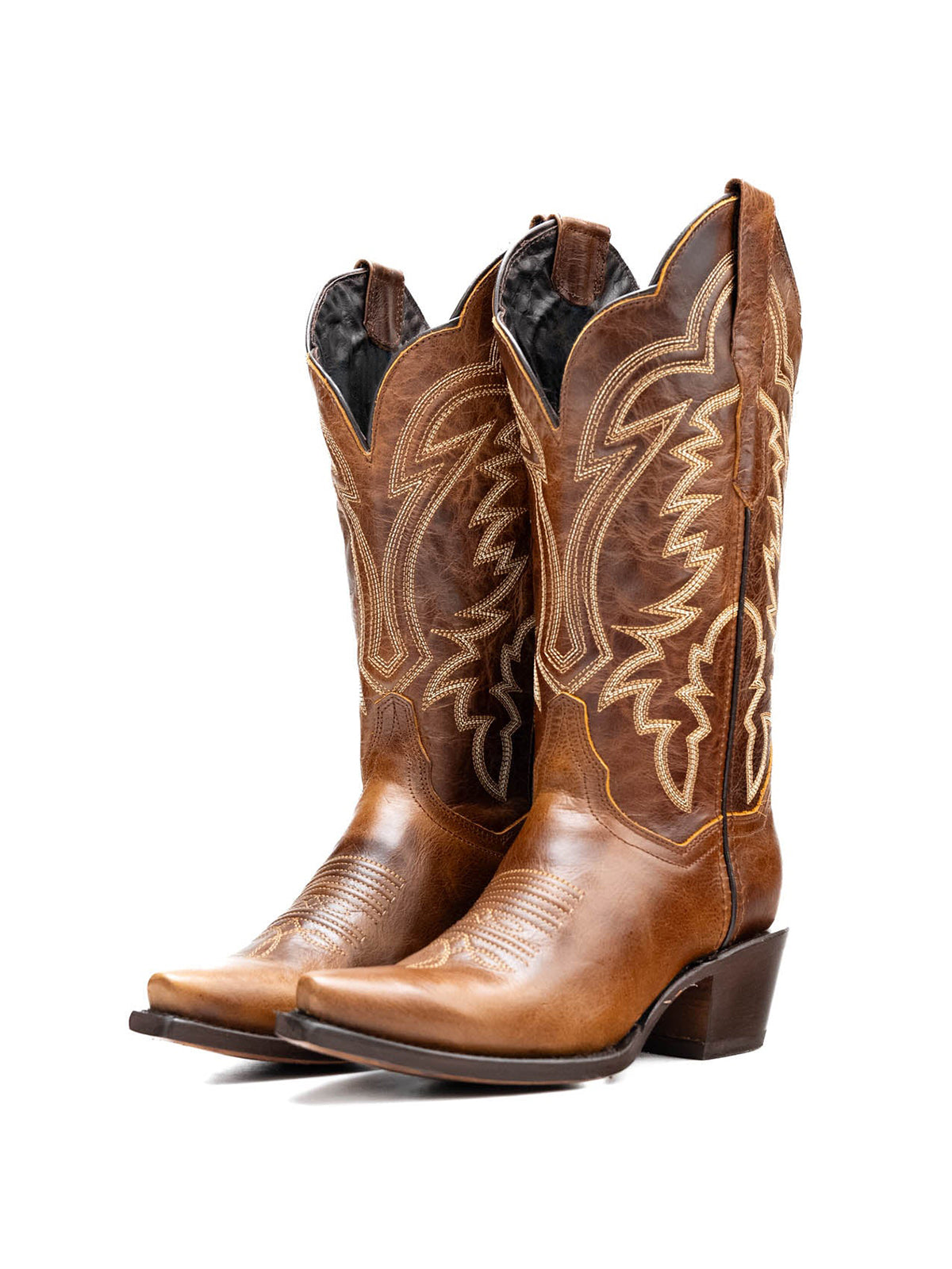 Western Snip-Toe Embroidery Mid Calf Cowgirl Boots - Tan