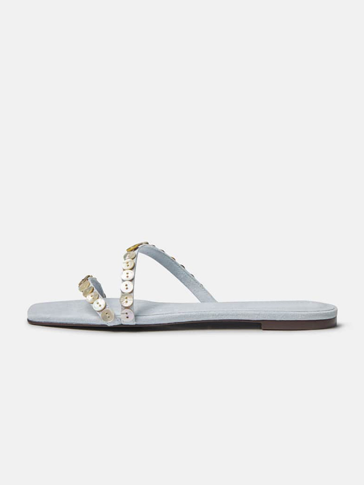 Gray Faux Suede Square-Toe Double Straps With Button Embellishments Flat Sandals