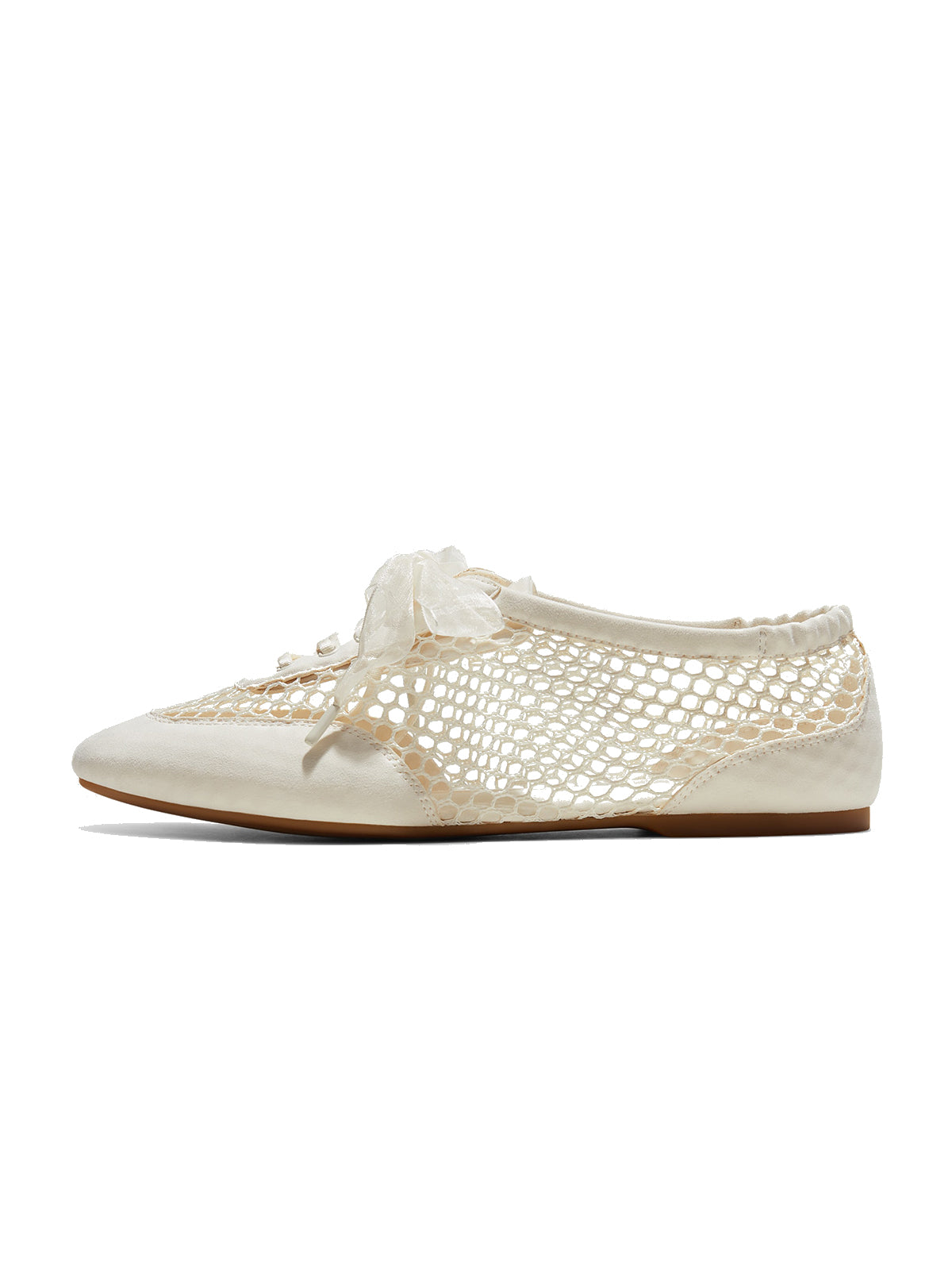 Ivory Mesh And Faux Suede Square-Toe Floral Embroidery Lace-Up Flats
