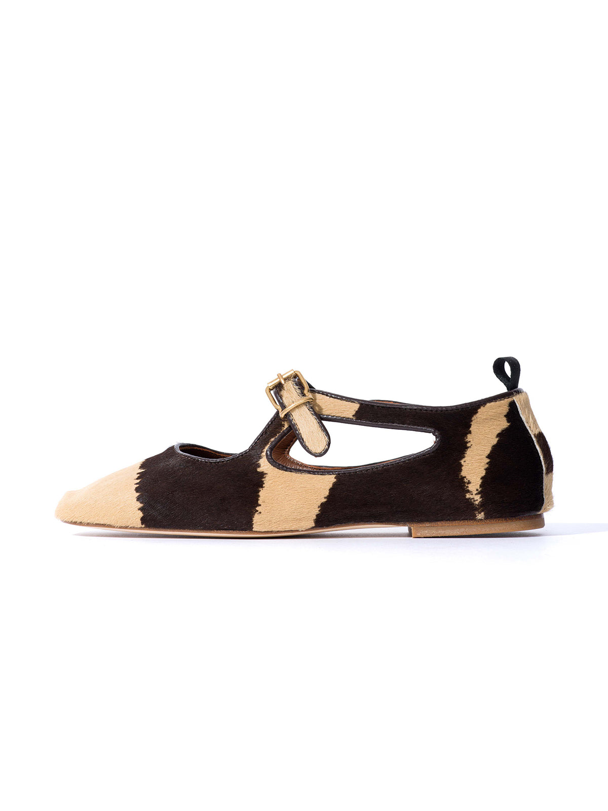 Square-Toe Buckle Strap Chic Flats - Zebra Pony Hair Vegan Leather